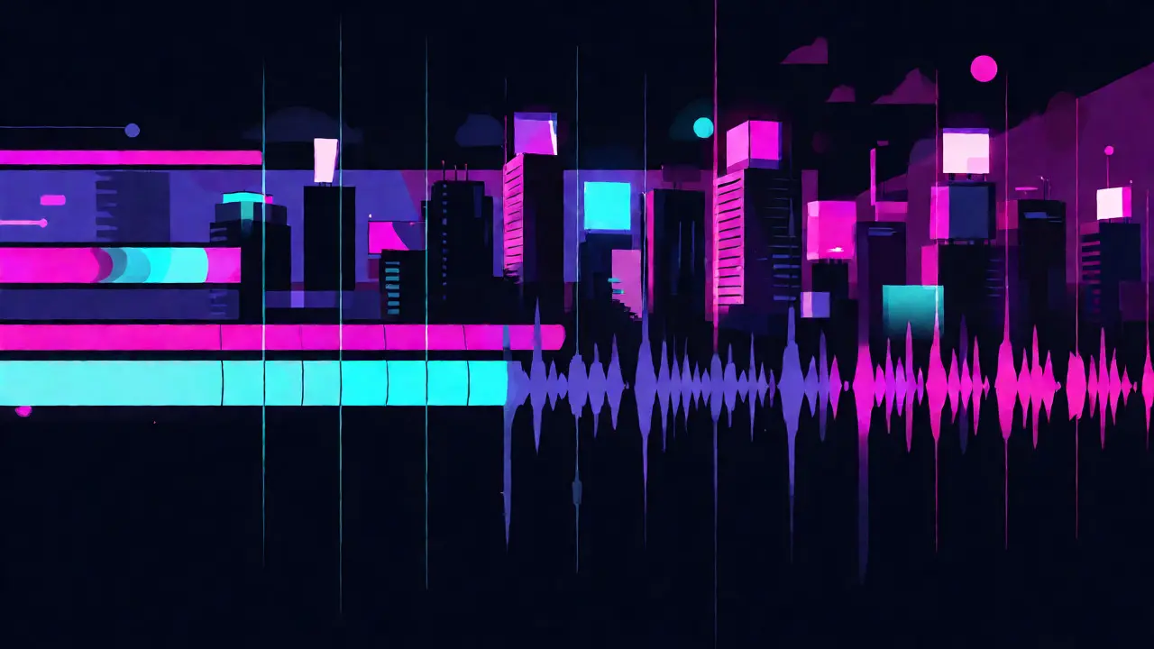 Minimalist city skyline merging with an editing timeline and rhythmic sound waves