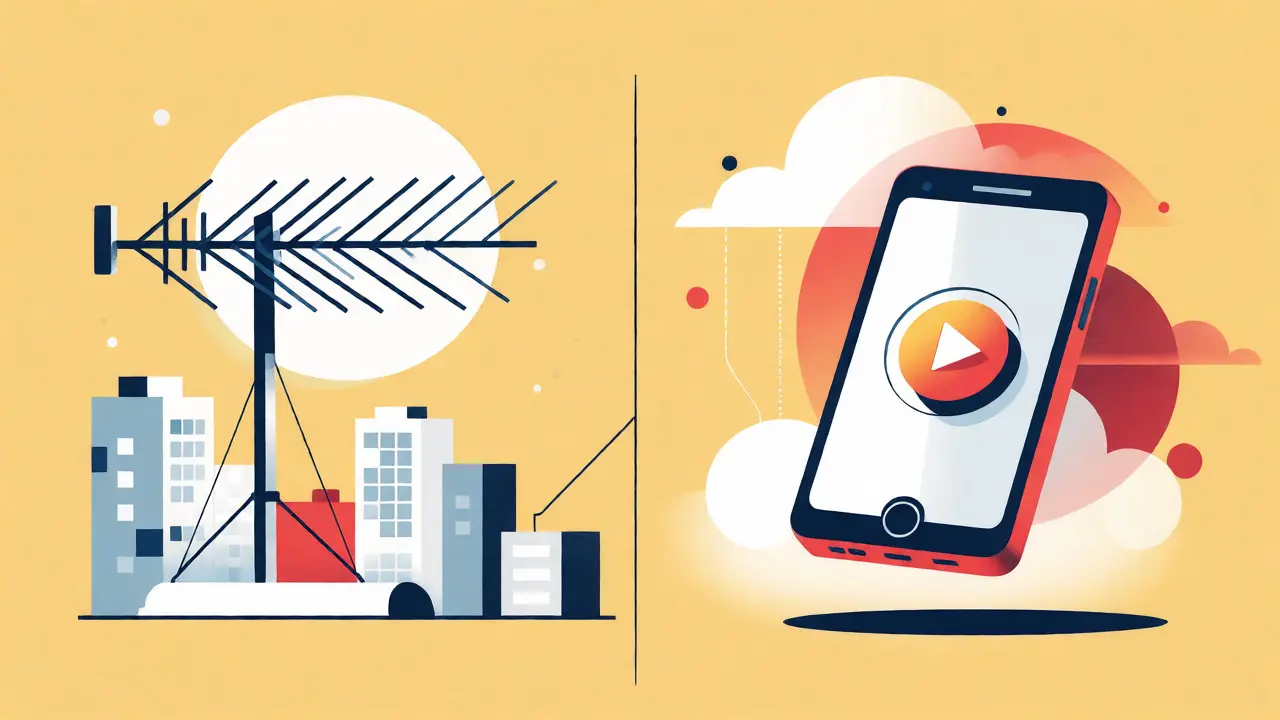 Minimalist illustration of an antenna and smartphone for streaming