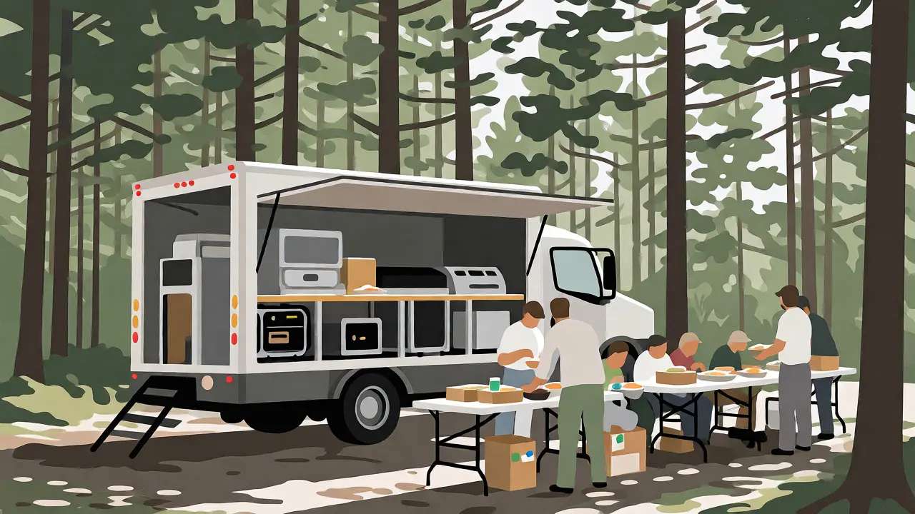 Mobile catering truck serving crew members in a remote forest location during a sunny day.