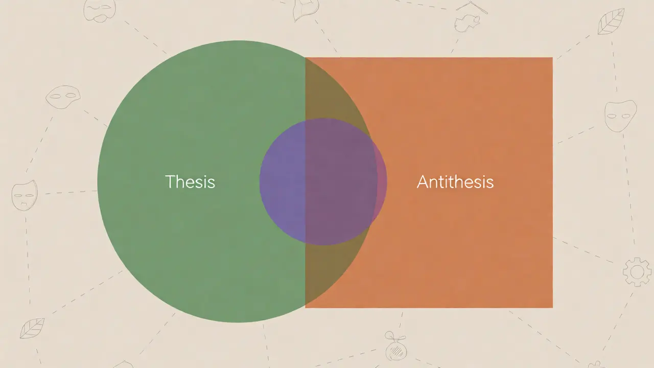 Overlapping geometric shapes forming a new central form, illustrating narrative synthesis.