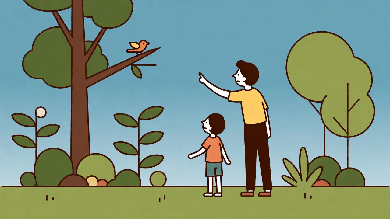 Parent and child exploring nature after watching educational cartoons