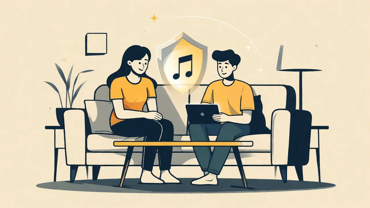 Parent and teen sitting together with a tablet and a protective music shield