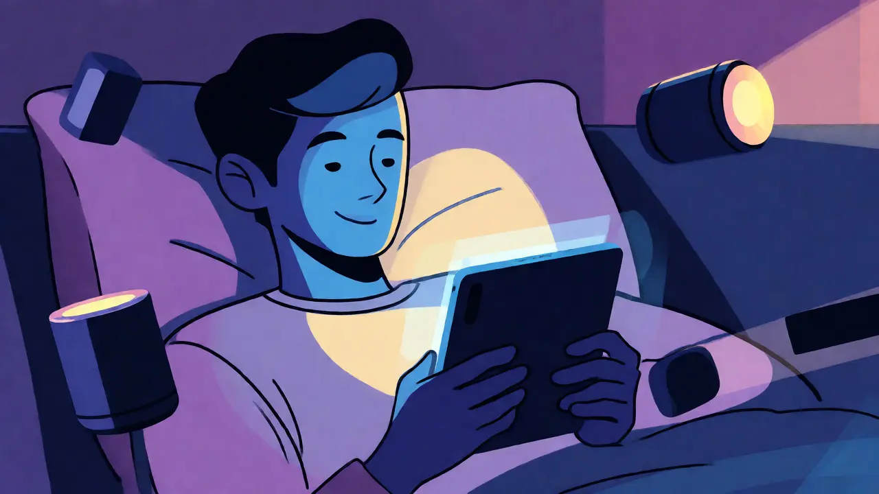 Person watching video on a tablet surrounded by abstract device icons
