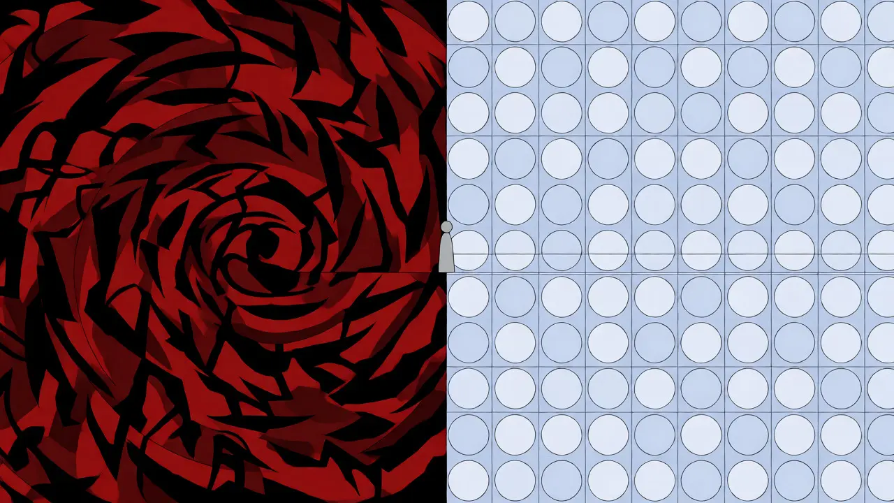 Split composition showing chaotic red swirls on the left and orderly blue grids on the right.