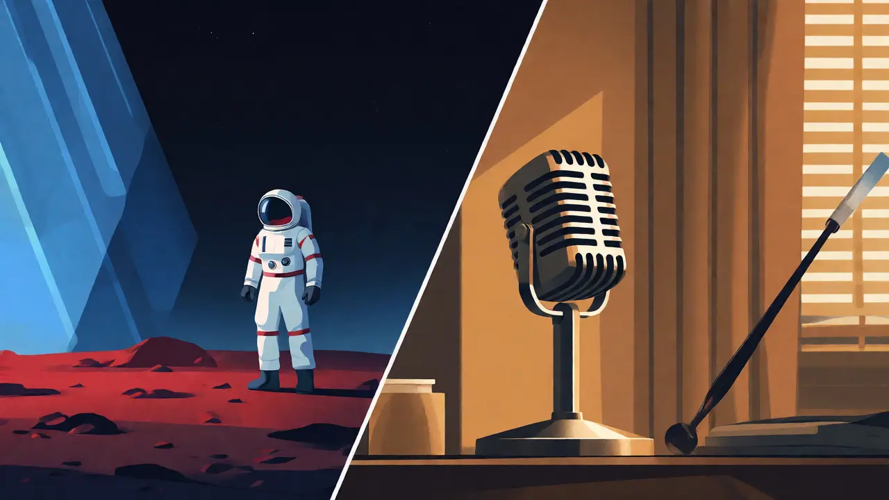 Split-screen art contrasting a Martian landscape with a vintage 1950s office setting.