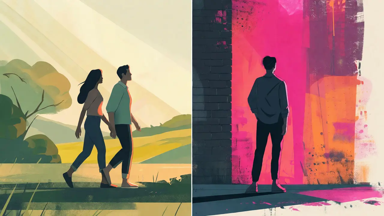 Split-screen illustration contrasting an idyllic pastoral scene with a gritty urban setting for visibility politics.