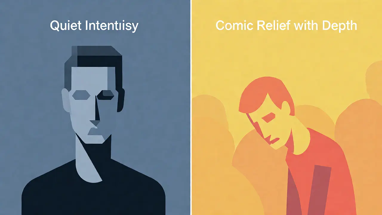 Split-screen minimalist art contrasting a cold, intense figure with a warm, weary comic relief character.