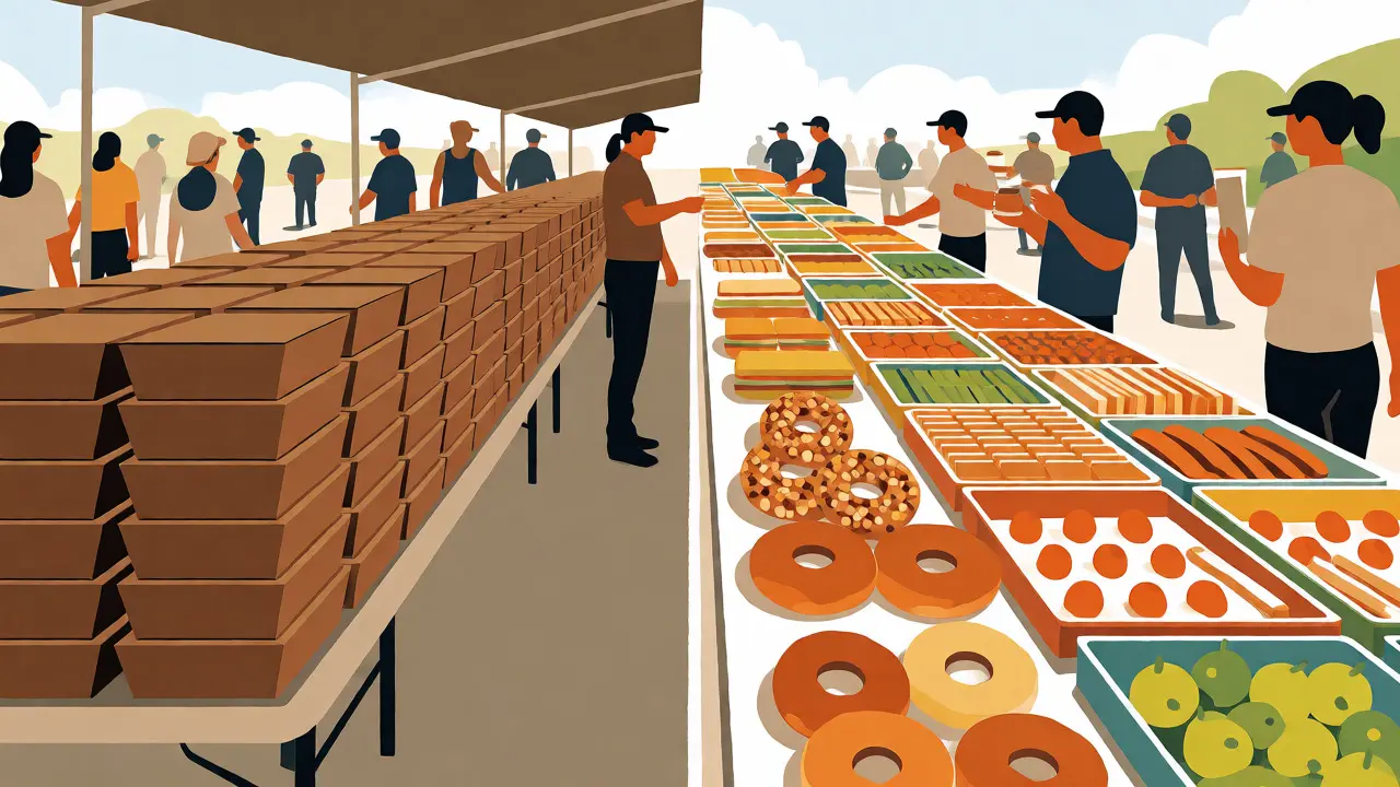 Split view comparing stacked catering lunch boxes versus a varied craft services snack counter.