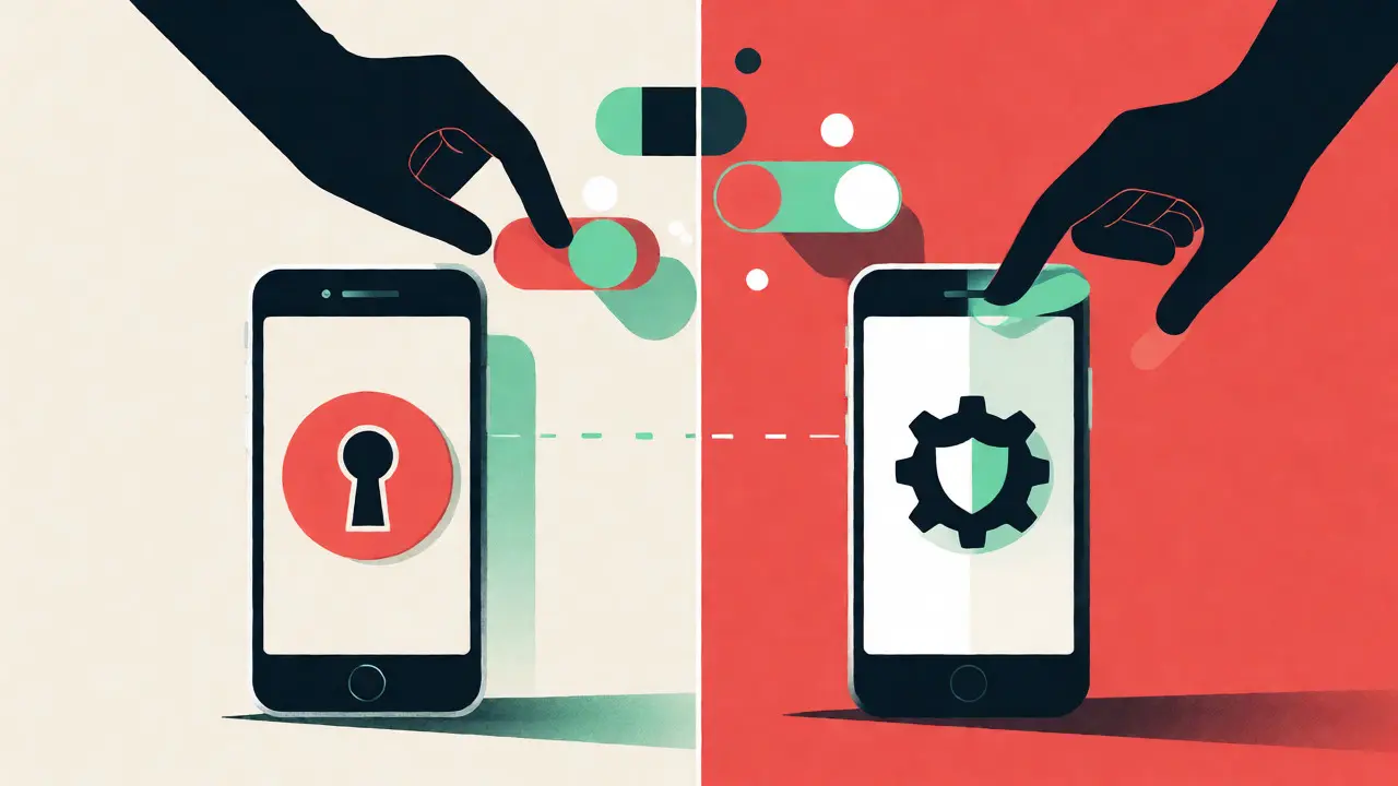 Split view of iOS and Android devices with security icons and parental controls