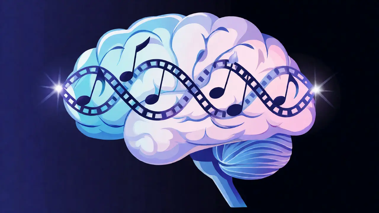Stylized brain illustration with music notes and film strips synchronizing inside