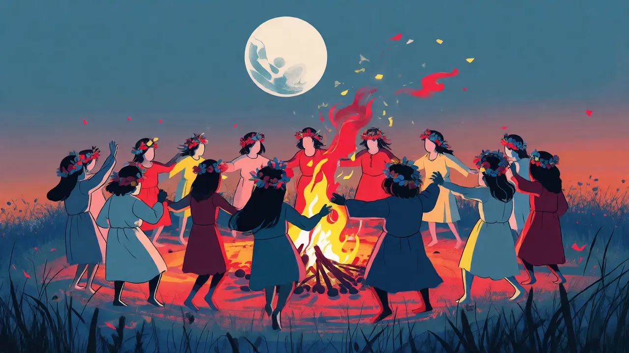 Stylized dancers in flower crowns circle a bonfire under a full moon.