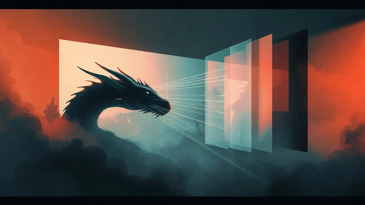 Stylized dragon emerging from fog with layered visual effects in minimalist illustration