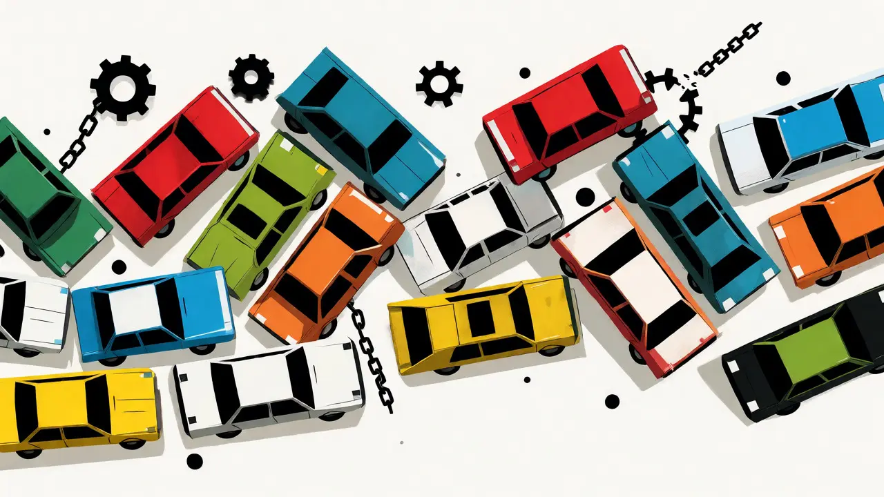 Stylized overhead view of a chaotic traffic jam with abstract political symbols.