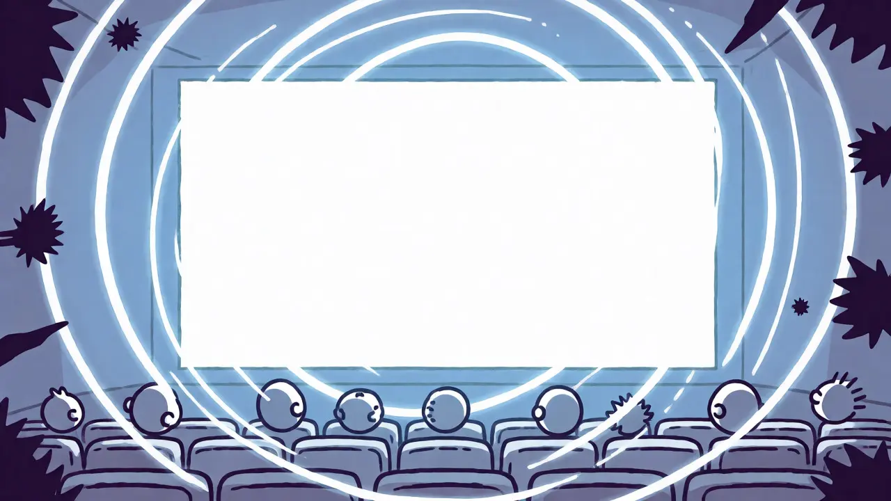 Theater audience facing screen emitting silent energy against noise
