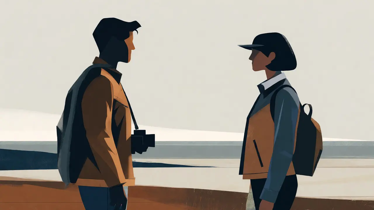 Two figures facing each other at eye level, minimalist illustration.
