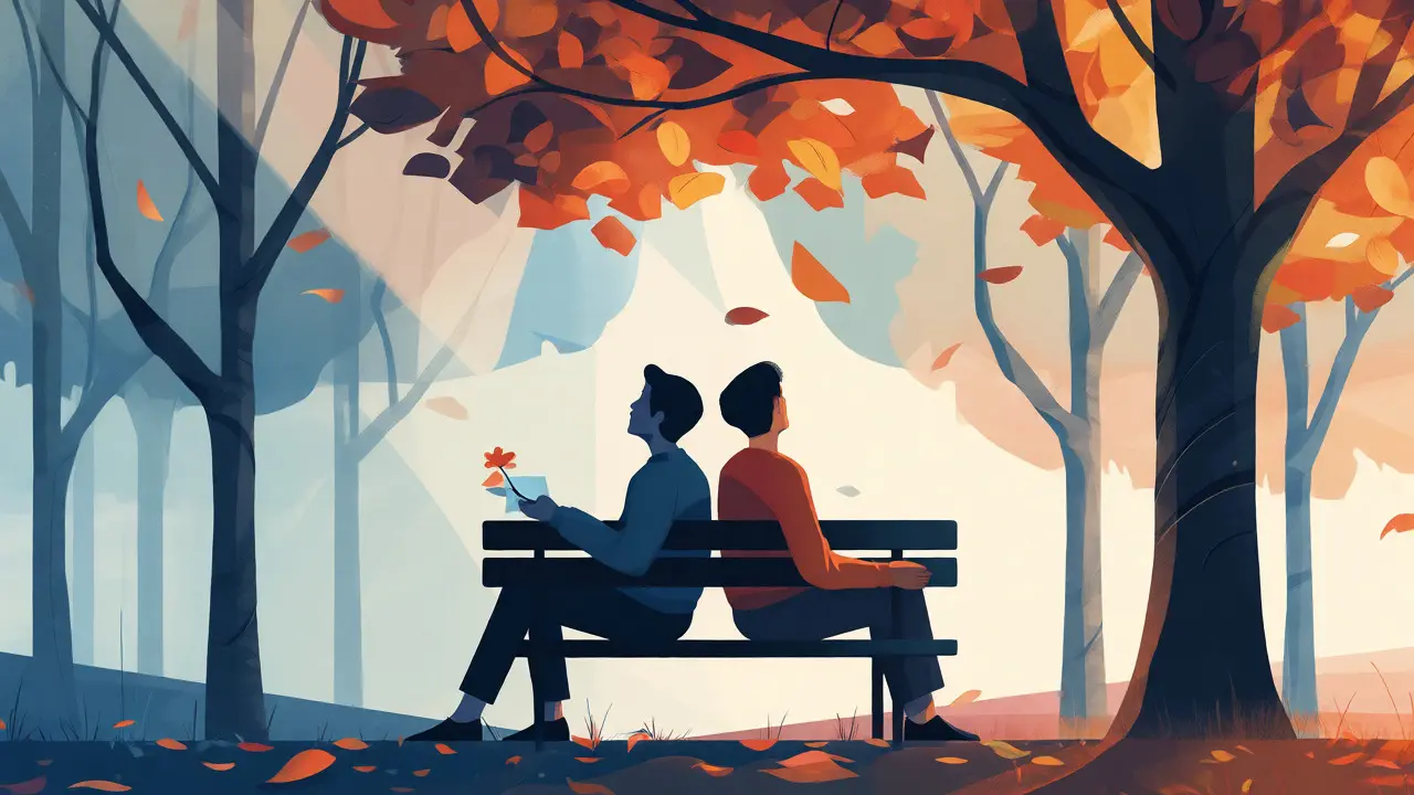 Two people sit quietly on a park bench surrounded by autumn leaves, sharing silent support.