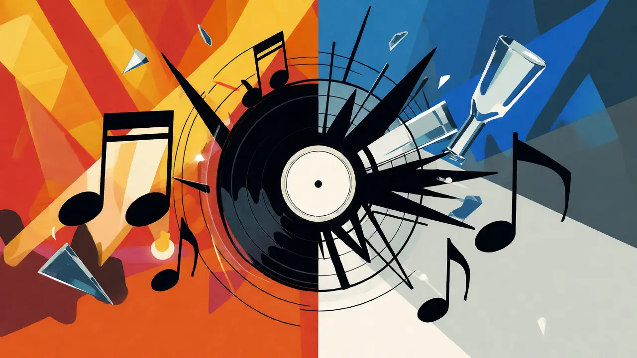 Vinyl record with jagged lines and musical notes turning into glass shards.