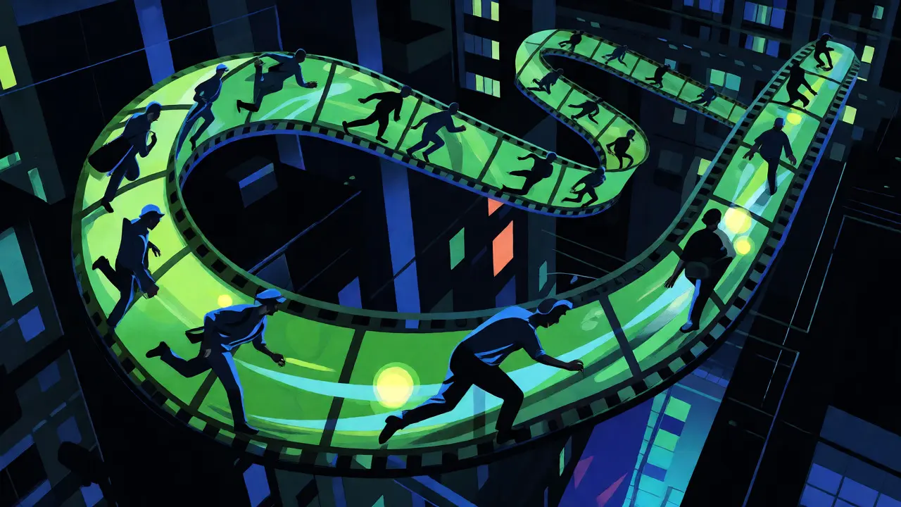 Winding film strip path through a dark city with moving blurred figures.